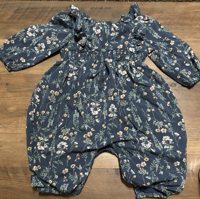 mabel + honey Floral Blue Long Sleeve Romper One-Piece 12M Ruffle Bodysuit