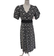 Elie Tahari Women's Black & White Flower Embroidered Puff Sleeves Dress   Medium