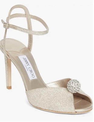 Jimmy Choo Sacora Crystal Sandal 85 Gold Ankle Strap NWT 9.5 Bridal Wedding Heel