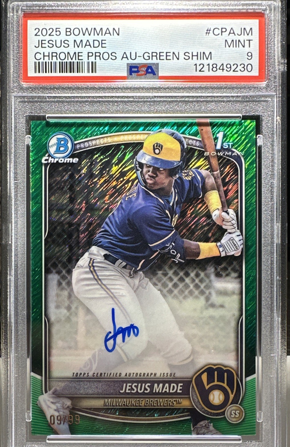 2025 Bowman Chrome Jesus Made 1st Prspct Green Shimmer Auto 9/99 Brewers #CPA-JM