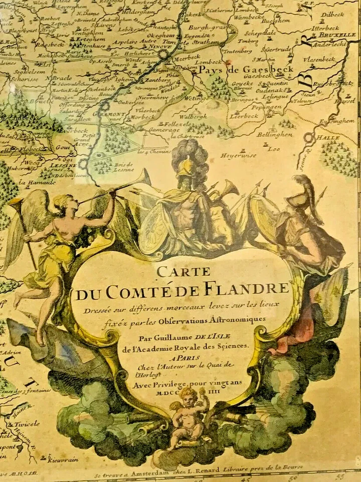 Mapa antiguo, conde de Flandes, 1700, por Gillaume de Lisle, París, ¡decoración de pared! Foto 2 de 4
