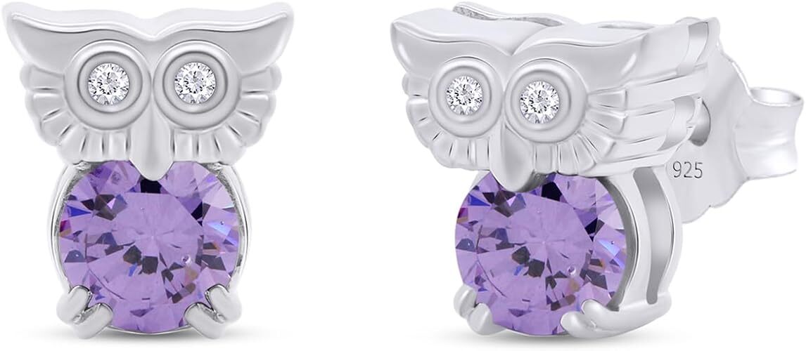 Owl Stud Earrings with Simulated Birthstone in 14K Gold-Plated Silver-image