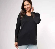 Denim & Co Waffle Knit Regulr V-Neck Long Sleeve Tunic with Lace Black M A611676