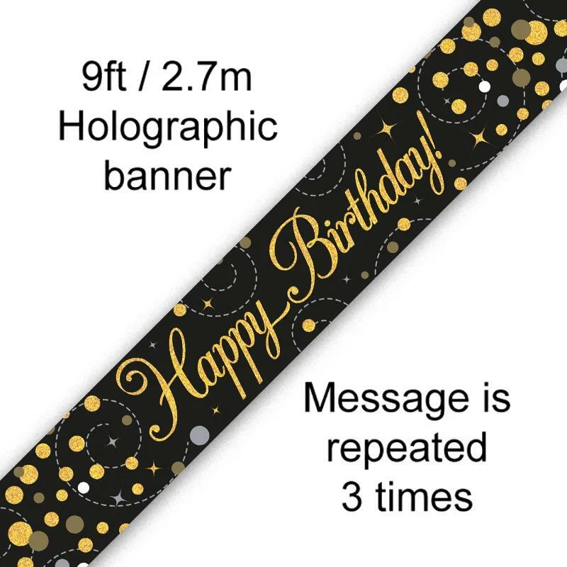 Black and Gold Sparkling Holographic Foil Birthday Banners - Bunting & Balloons