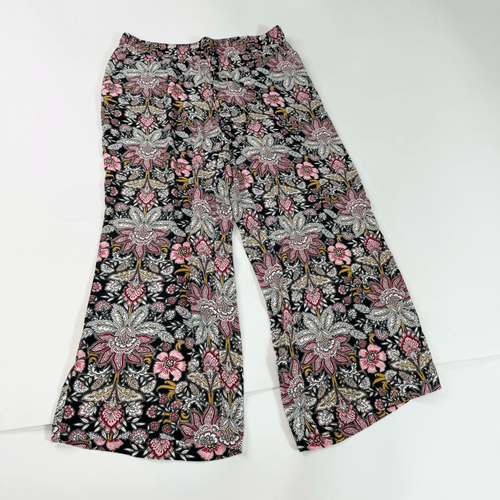 Lofthose Damen mittelschwarz Blumenmuster mittelgroßer breiter Bein Leinen Viskose