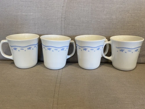 Vintage Correlle Corning Ware Morning Blue Coffee Cups Mugs Set Of 4 Made in USA