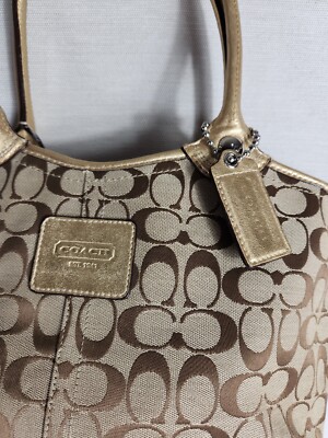 COACH ゴールド (2点) Coach Signature Jacquard Bleecker Brown Gold Metallic Leather Tote