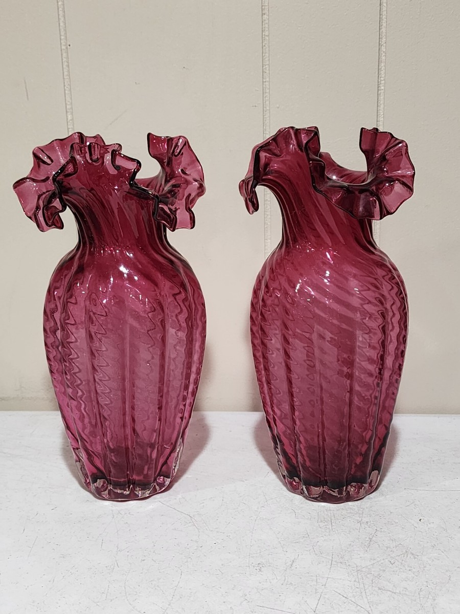 PAIR (2) Cranberry Glass Victorian Hand Blown 11
