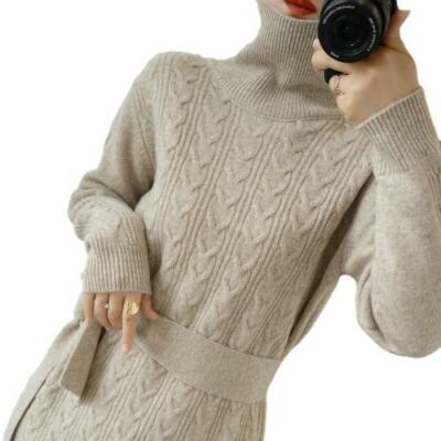 Womens Cashmere Sweater Dresses Loose Warm Turtleneck Wool Knitted Dress  Chic L | eBay