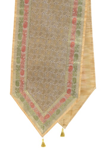 13 PC Table Runner Dining Gray Cream Indian Banarasi Silk Brocade Paisley Cloth - Picture 6 of 8