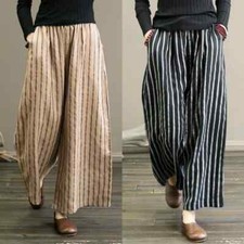 Women Cotton Linen Stripe Loose Wide Leg Trousers Drawstring Elastic Waist Pants