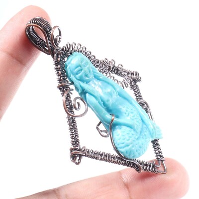 Mermaid Gemstone Pendant Copper Wire Wrapped Handmade Jewelry C 3932