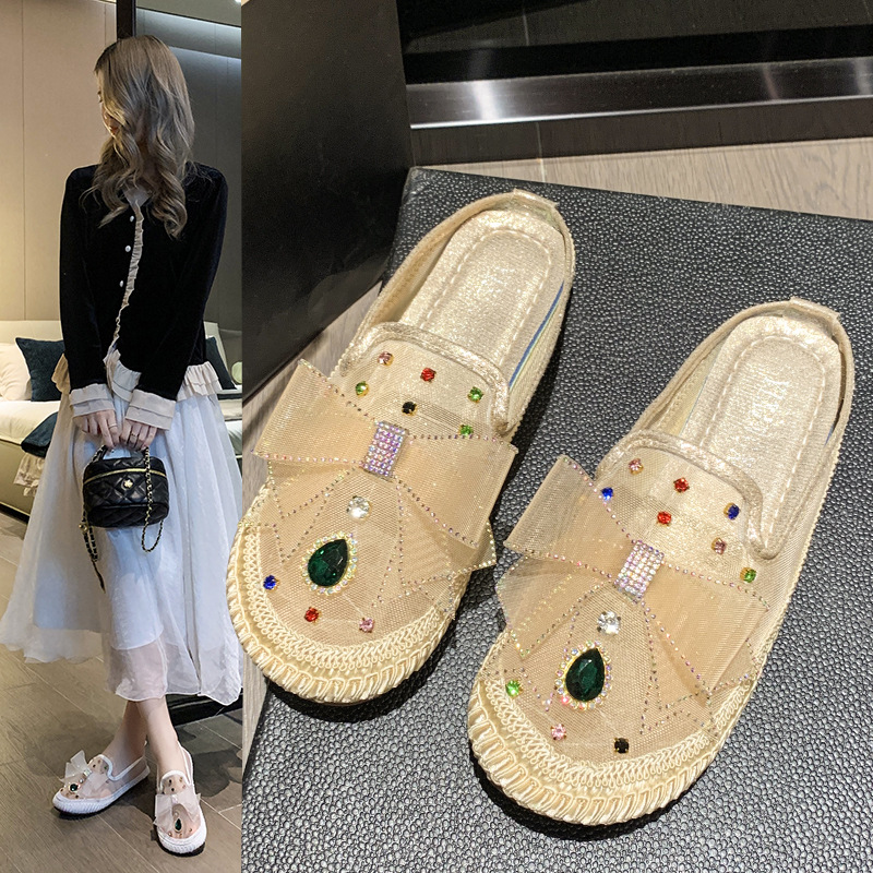 PANTOFOLA D’ORO Scarpe singole strass fiocco donna nuove testa tonda tacco basso pigre comode scarpe