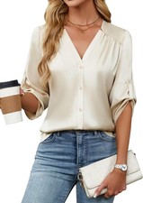 Womens Button Down Shirts 34 Sleeve Dressy Casual Tops Pleated Satin Silk