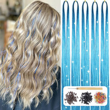 Hair Tinsel Kit with Tools 48 Inch 1200 Strands Blue Glitter Tinsel Hair