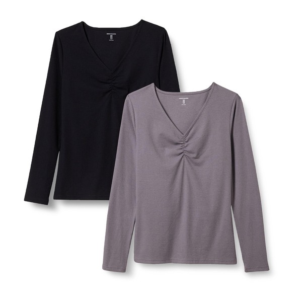 Damen T-Shirt 2Er-Pack V-Ausschnitt Rippstrick Grau Schwarz XL Amazon Essentials-image