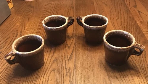 4 Vintage Hull Pottery Oven Proof USA Brown Drip Glaze Coffee Mugs
