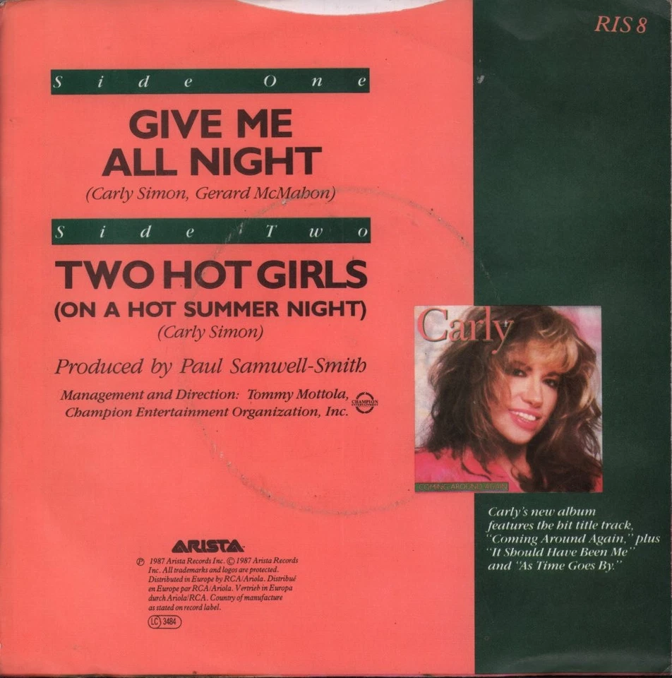 Carly Simon Give Me All Night 7" vinyl UK Arista 1987 - pic sleeve has ringwear - Image 2 of 3