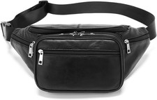 Genuine Leather Large 7 Pocket Waist Pack with Organizer, Card Slots Black 