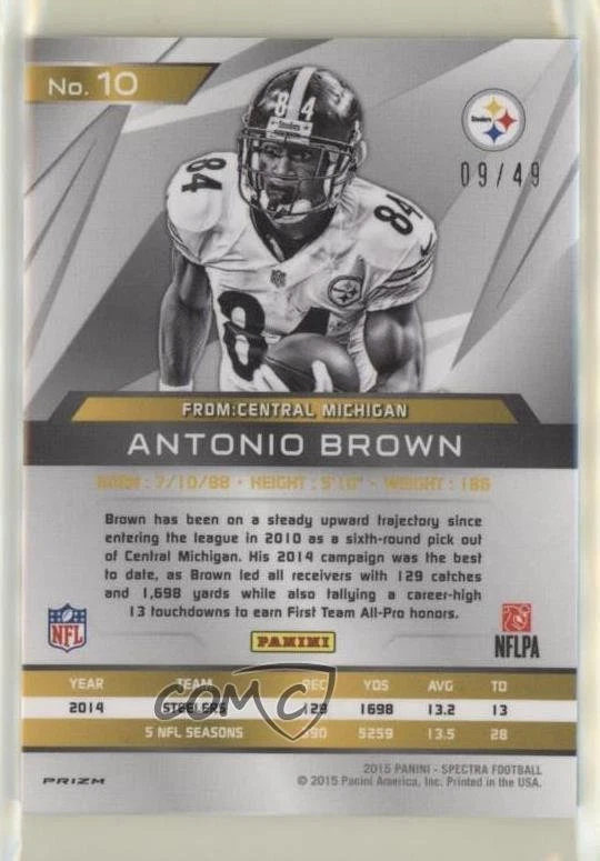 2015 Panini Spectra Neon Blue Prizm /49 Antonio Brown #10 - Image 2 of 2