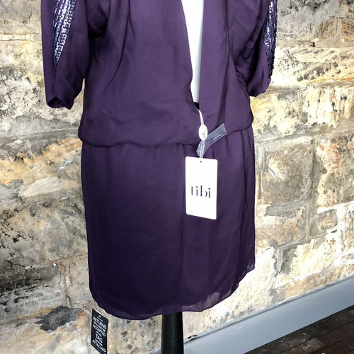 Tibi Beaded Silk Open Back Mini Dress 14 New Embellished Sleeve Backless Purple - Picture 8 of 9