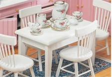 Dollhouse Miniature Samcami White wood dining table + 4 chairs + tea set 1:12
