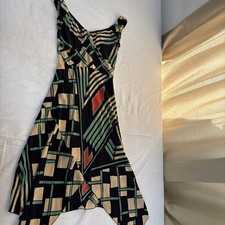 Anna Sui Geometric Pattern Sleeveless Silk Dress Black Beige Green Red Japan