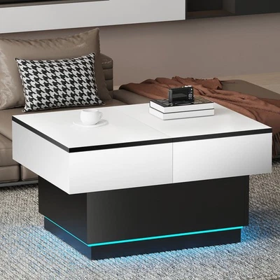 Couchtisch mit LED Beleuchtung Beistelltisch 2 Stauraum für Wohnzimmertisch Weiß - Bild 1 von 4