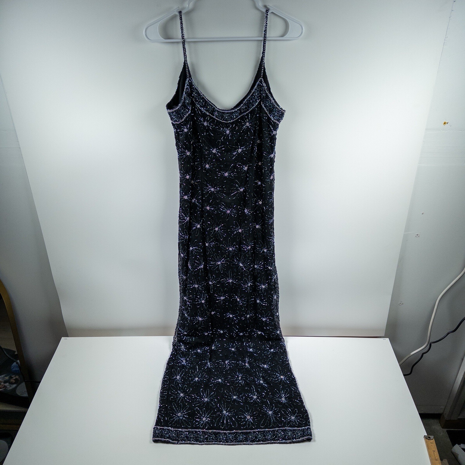 Papell Boutique Evening Womens 12 Black Beaded Silk Slip Gown Formal Dress