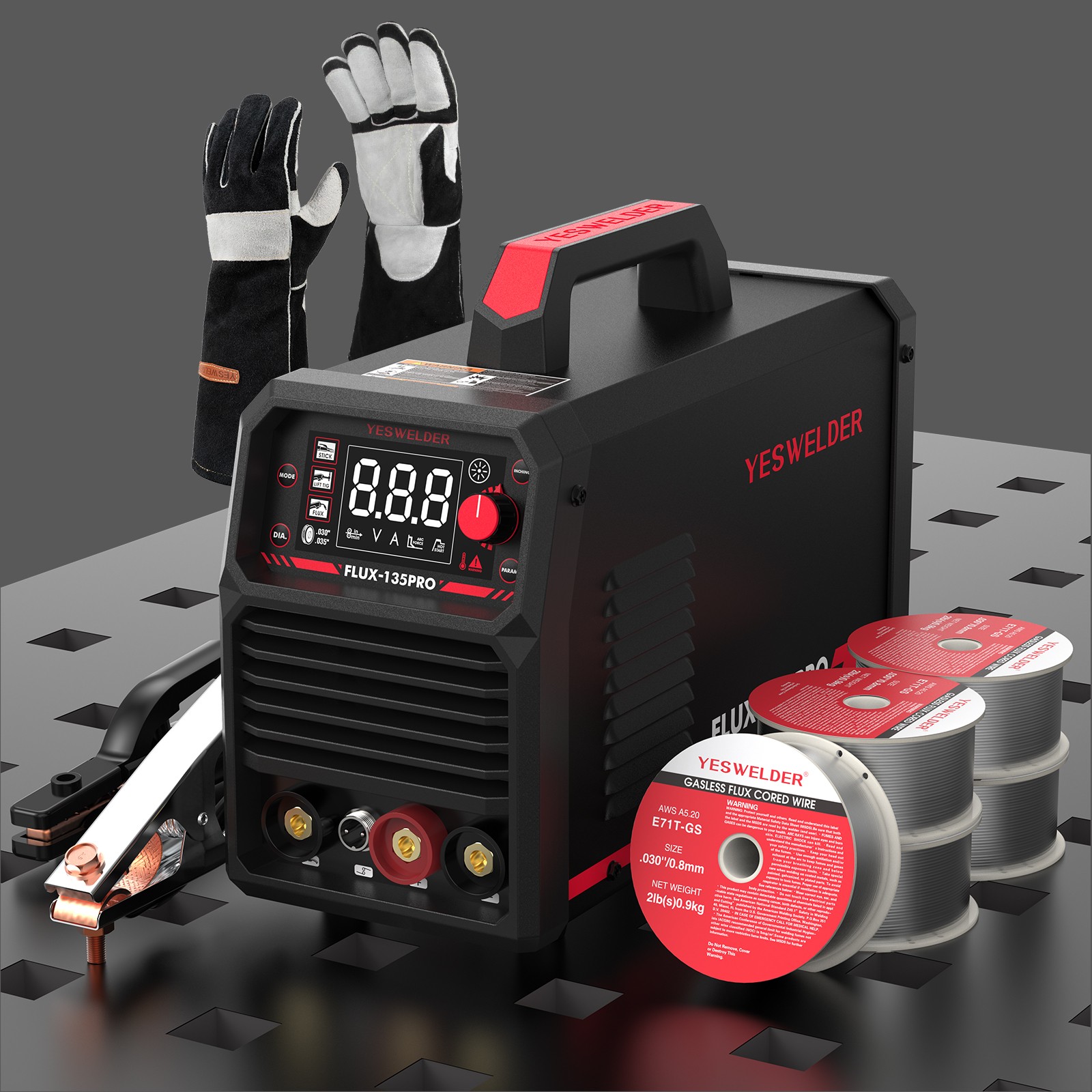 YESWELDER FLUX-135PRO 135A 3-in-1 Welder with Gloves & 5 Flux Wires, 110V