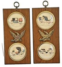 Vtg Convex Glass Colonial Revival Wall Plaques Carriage Stagecoach Eagle Pair