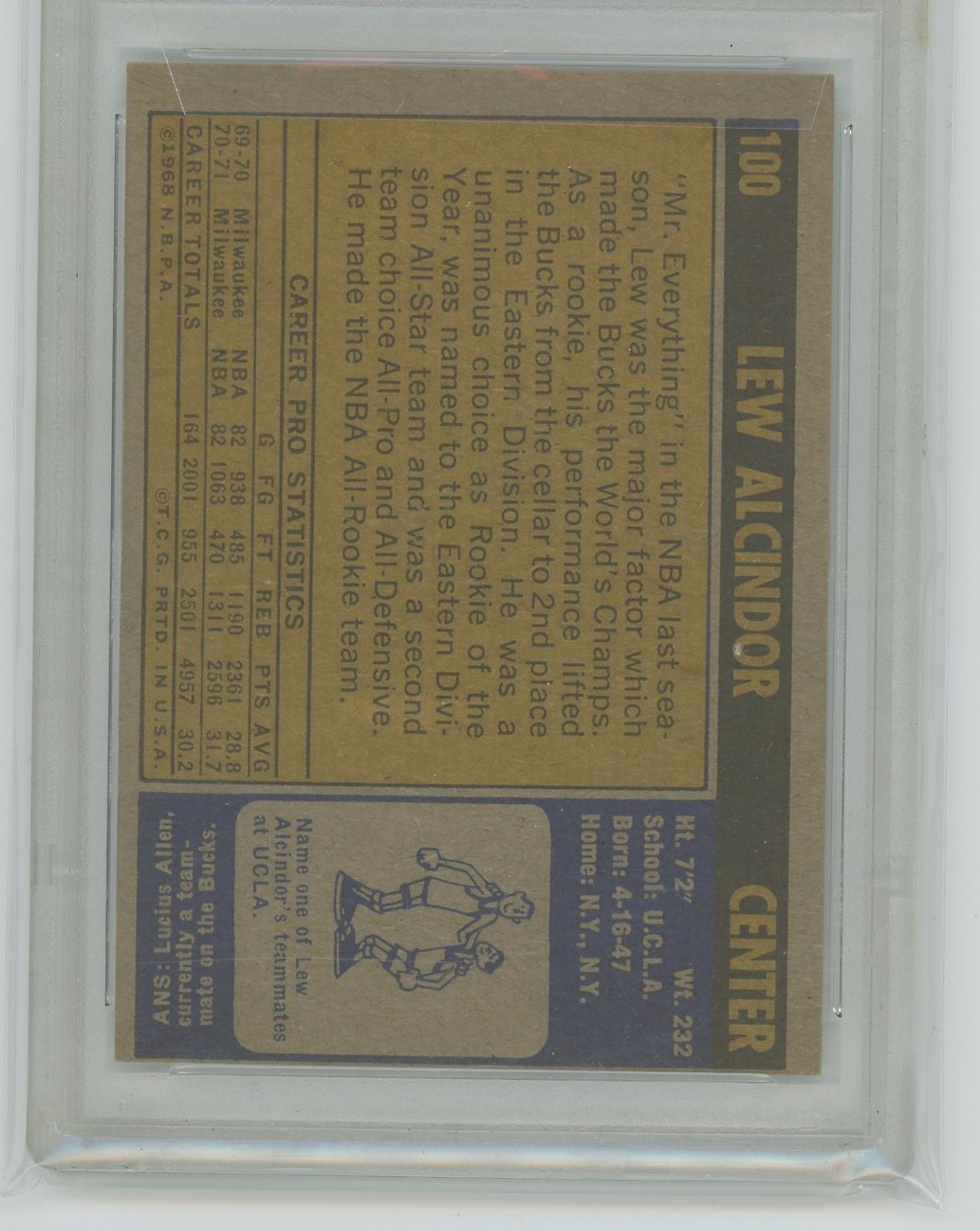 1971 Topps Basketball #100 LEW ALCINDOR Kareem Abdul Jabbar PSA 7 Near Mint  view 2