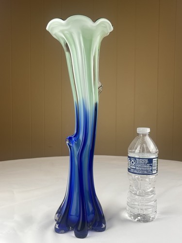 Vintage Murano Art Glass Vase Cobalt Blue green Flower Steam Shape 15 -1/2” Tall - Picture 9 of 13