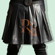 Men's Belted Style Black Leather Kilts In Genuine Soft Lambskin Leather Kilt