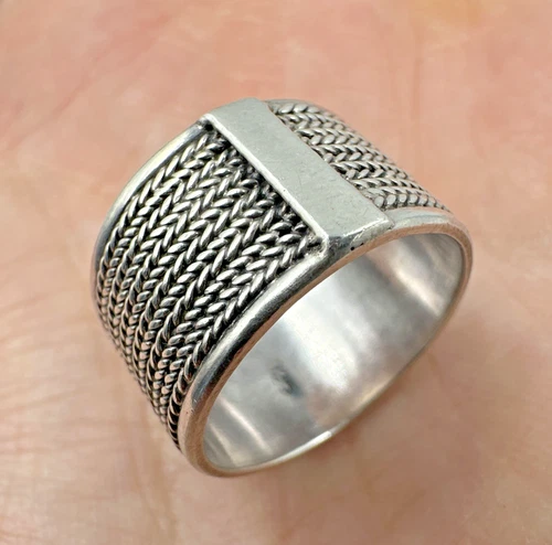 Sterling 925 Solid Band Braided Chain Biker Punk Rock Ring Sz ~7.75 Vtg