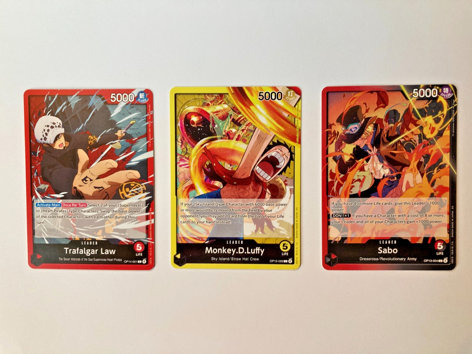 One Piece TCG Lotto 3 Leader English - Luffy Law Sabo - Near Mint - EU Shipping