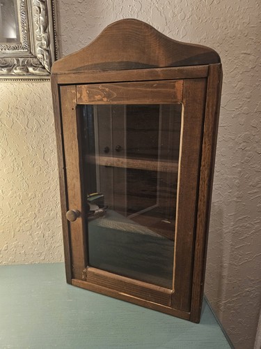 Antique Oak Glass Door Medicine Cabinet, 3 Shelves, Wood Knob-Very Good