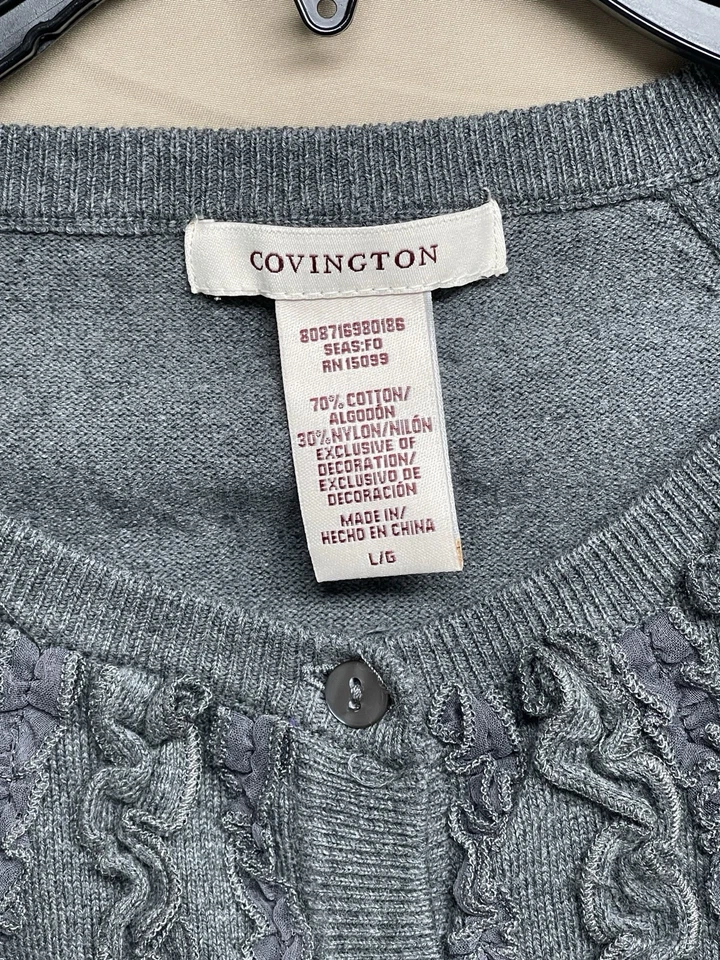 Cárdigan con botones Covington suéter con volantes de encaje para mujer talla L media manga gris Foto 3 de 4