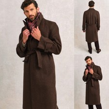 Cashmere Men's Long Overcoat with Belt Brown Winter Warm Jacket Wool Casual Wear