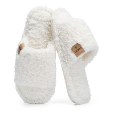 GOEWY Fuzzy Open Toe Slippers for Women Indoor Cozy Memory Foam 7-8, White