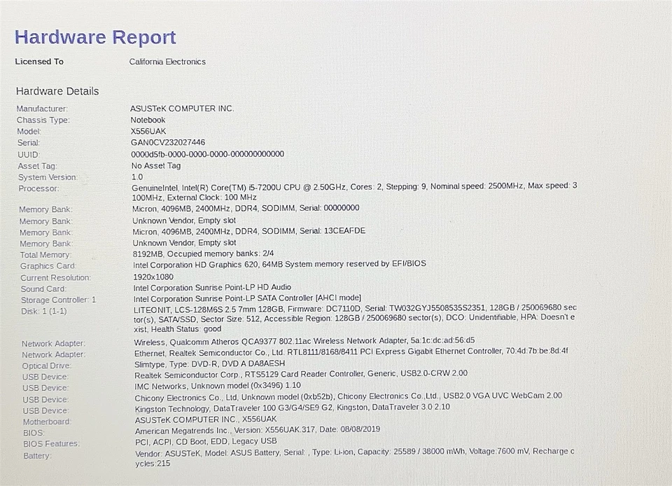ASUS F556U Laptop i5 7200U 2.50GHZ 15.6" FHD 8GB 128GB SSD NO BATT Windows 11 - Image 2 of 4
