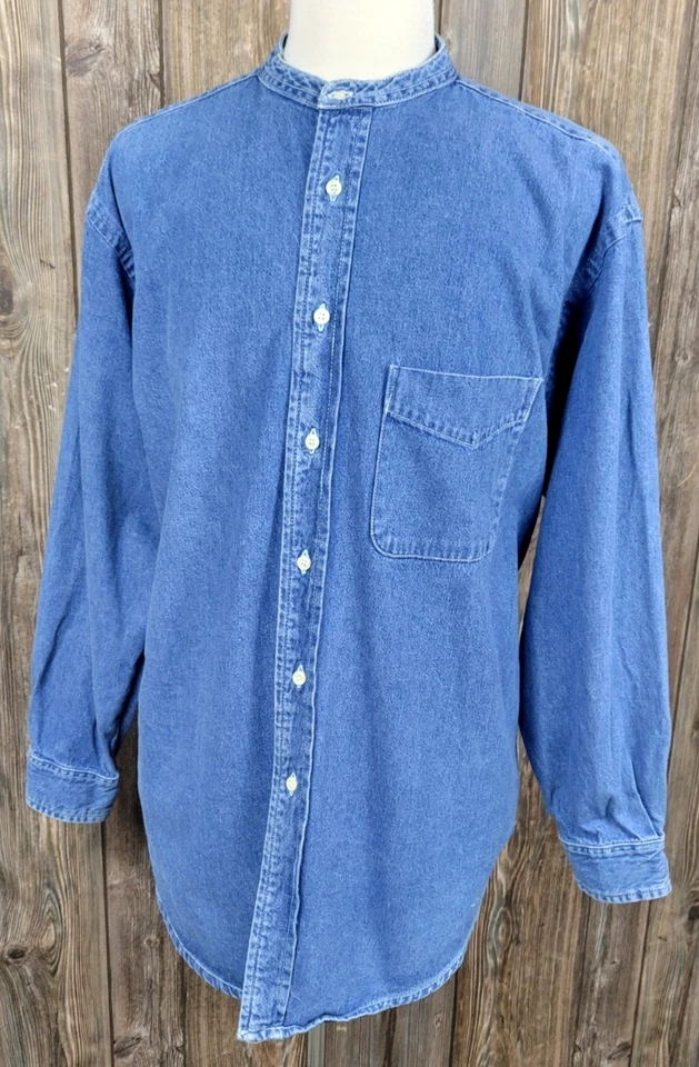 Vintage American Eagle Outfitters Denim Shirt Button Up Collarless Blue Mens L - Image 2 of 4