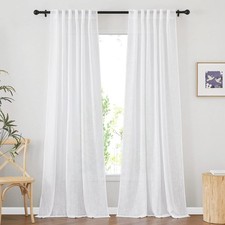 White Sheer Linen Curtains for Living Room, Rod Pocket  Back Tab Sweep to Fl...