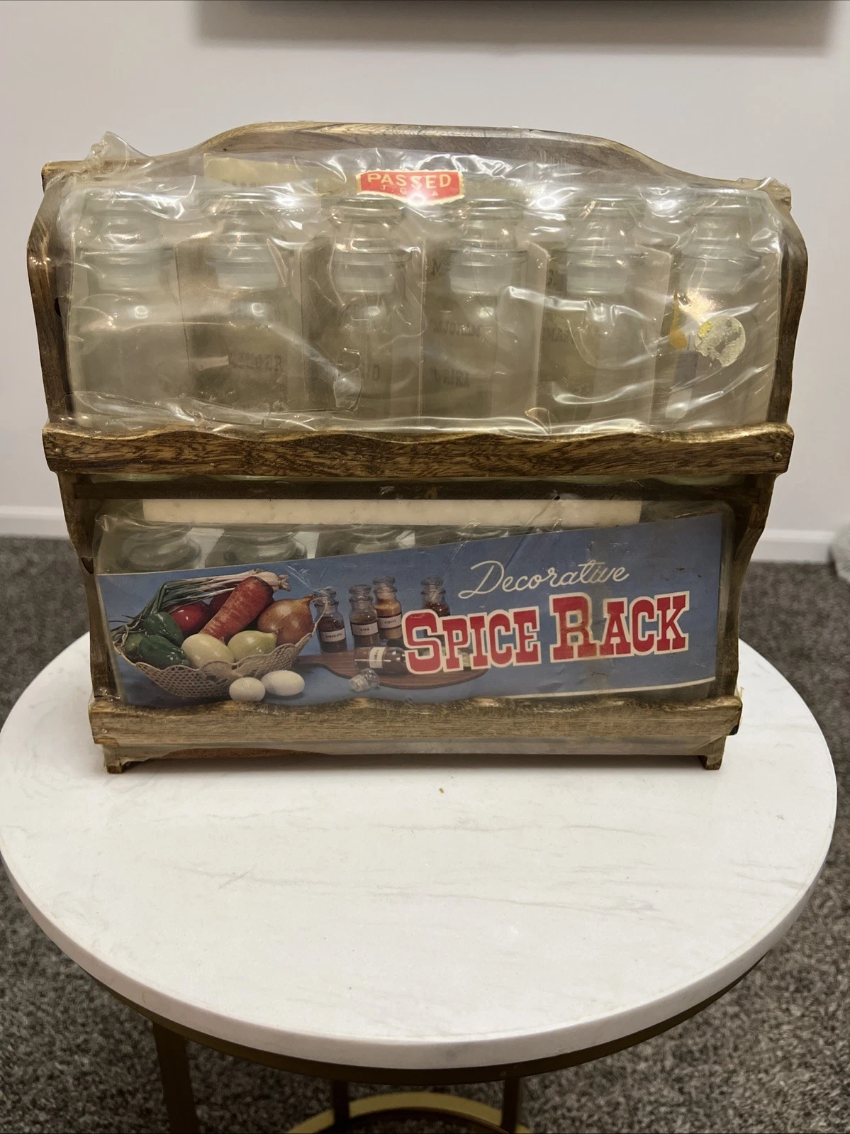 Vtg Wood Spice Rack Cottagecore Farmhouse 12 Glass Bottles Wall Mount Primitive
