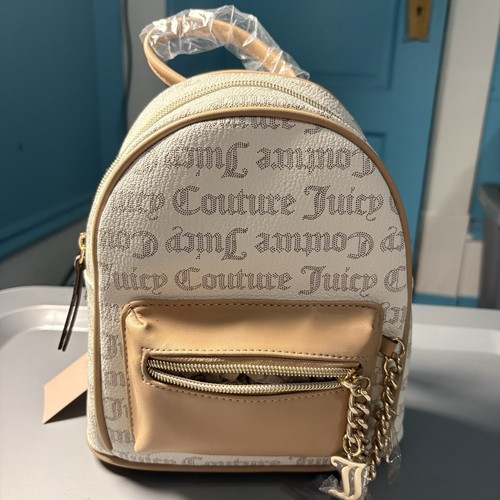 Juicy Couture Mini Beige/Tan Logo Backpack Front Zip Pocket Chain Charm