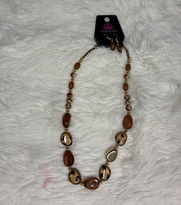 Paparazzi Brown & Gold Beaded Necklace with Matching Earrings, Lobster Clasp