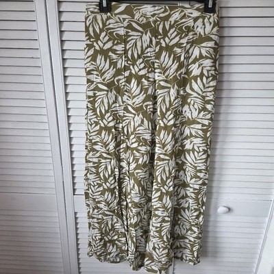 Women's CONTEMPO Green & White Leaf Print Wide Leg Pants with 2 Slits M