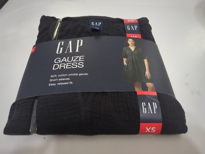 GAP Gauze Tiered Dress Women's XS Black Soft Cotton With Pockets Relaxed Fit NWT