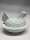Vintage White Milk Glass Hen On Nest Covered Dish Beaded Rim Chicken Candy Dish