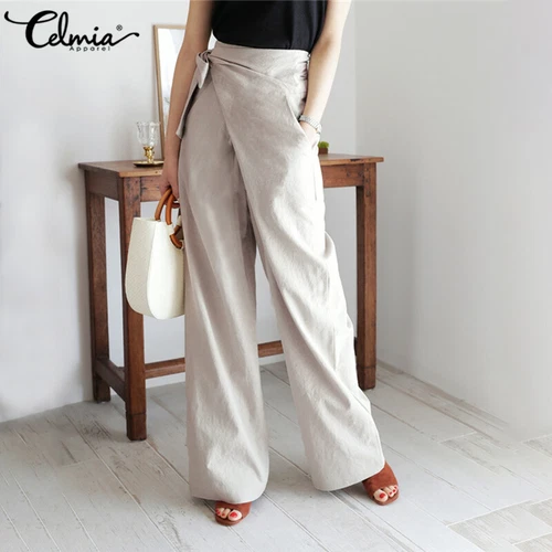 Damen High Waist Wickelhose Lange Hose Freizeit Locker Weites Bein Damen Palazzo - Bild 15 von 23